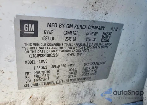 2020 Chevrolet Trax 1Lt z USA, uszkodzony, nr VIN KL7CJPSB8LB032234